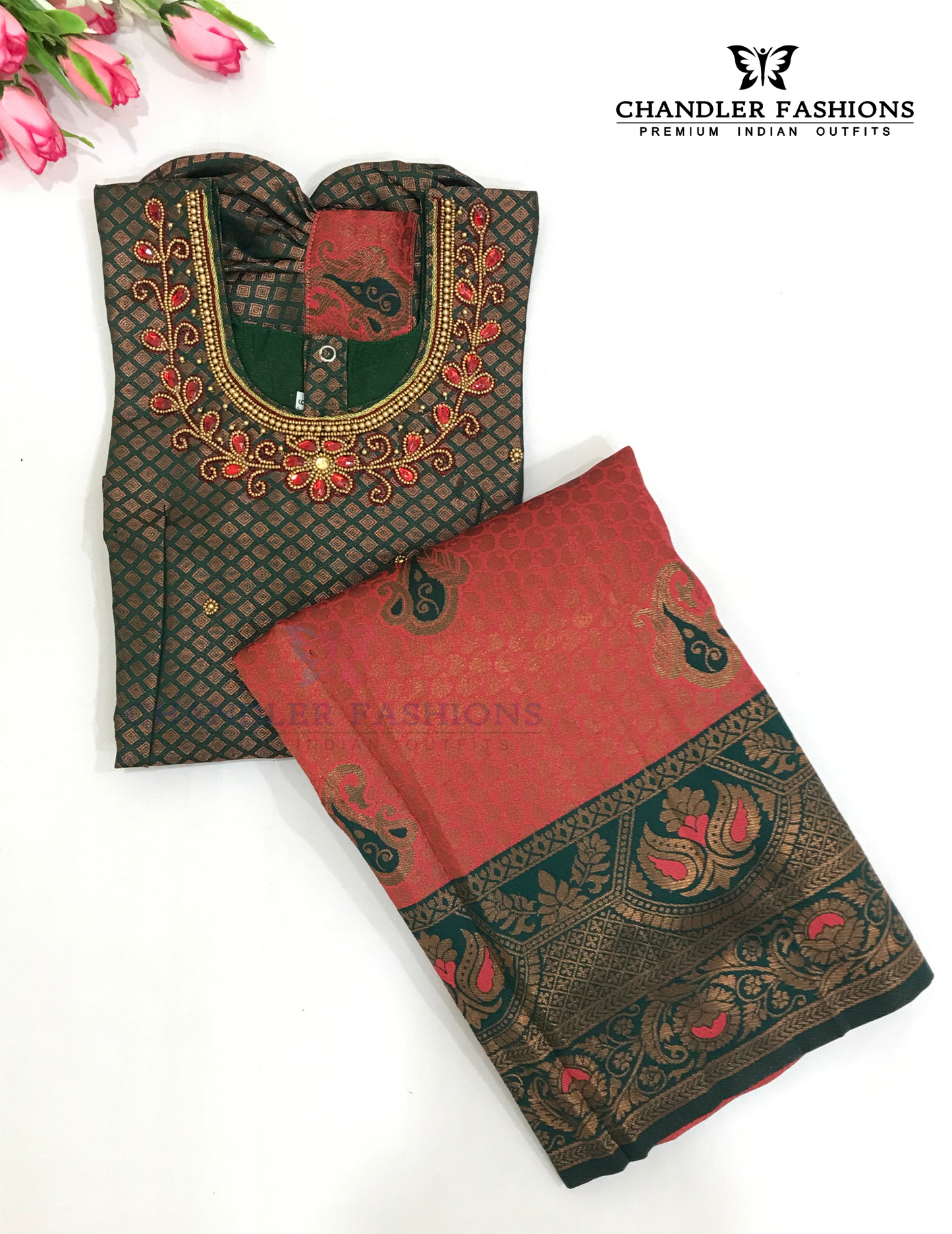 Red And Green Color Silk Langa set With Stone Work In USA