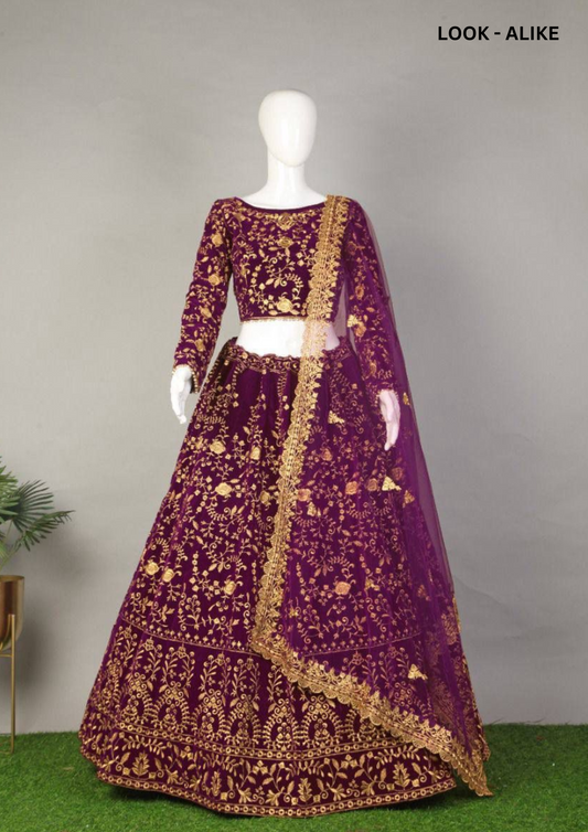 Dazzling Purple Color Designer Embroidery Work Velvet Lehenga Choli For Women