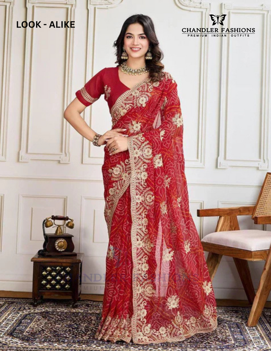 Graceful Red Color Embroidery Work With Georgette Saree