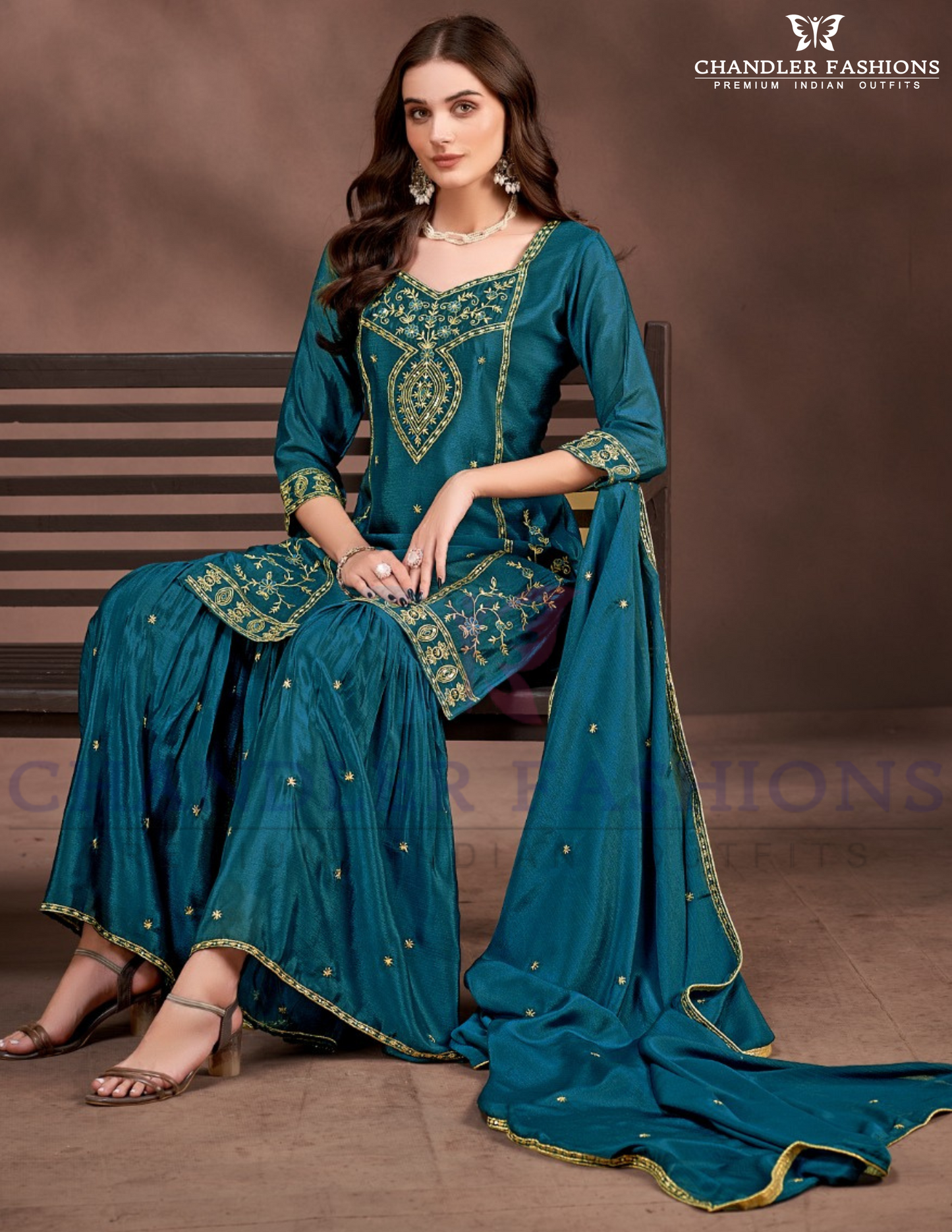 Elegant Teal Blue Color Chinon Sharara Suit With Heavy Embroidery Work In Arizona