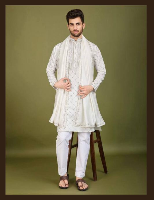 Beautiful White Color Thread With  Embroidery And Sequins Work Pajama Suits