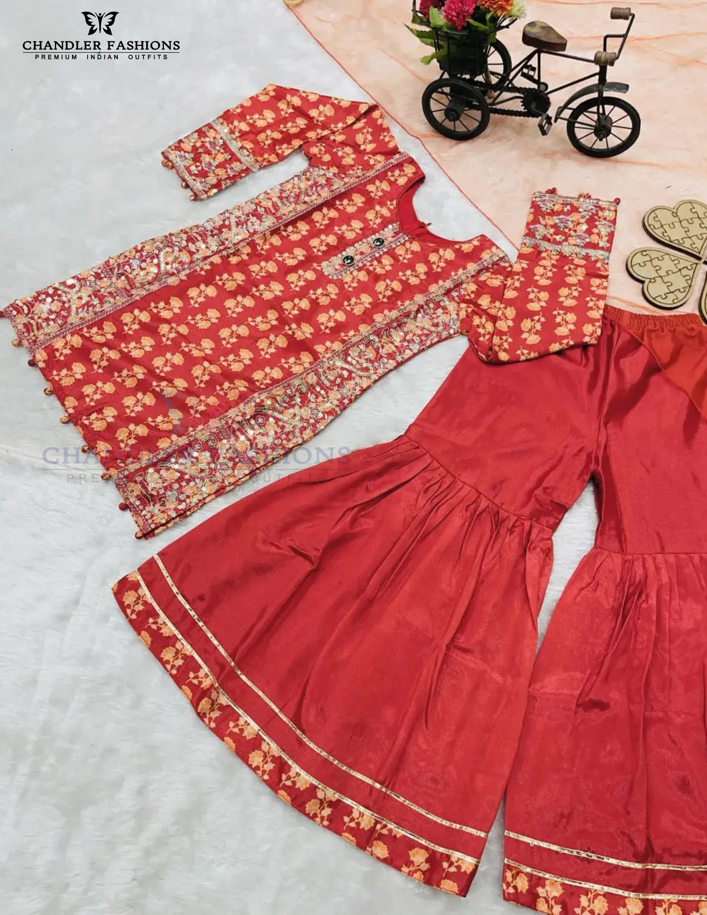 Red Sequins Work Fancy Button Sharara Suit For Girls Near Me