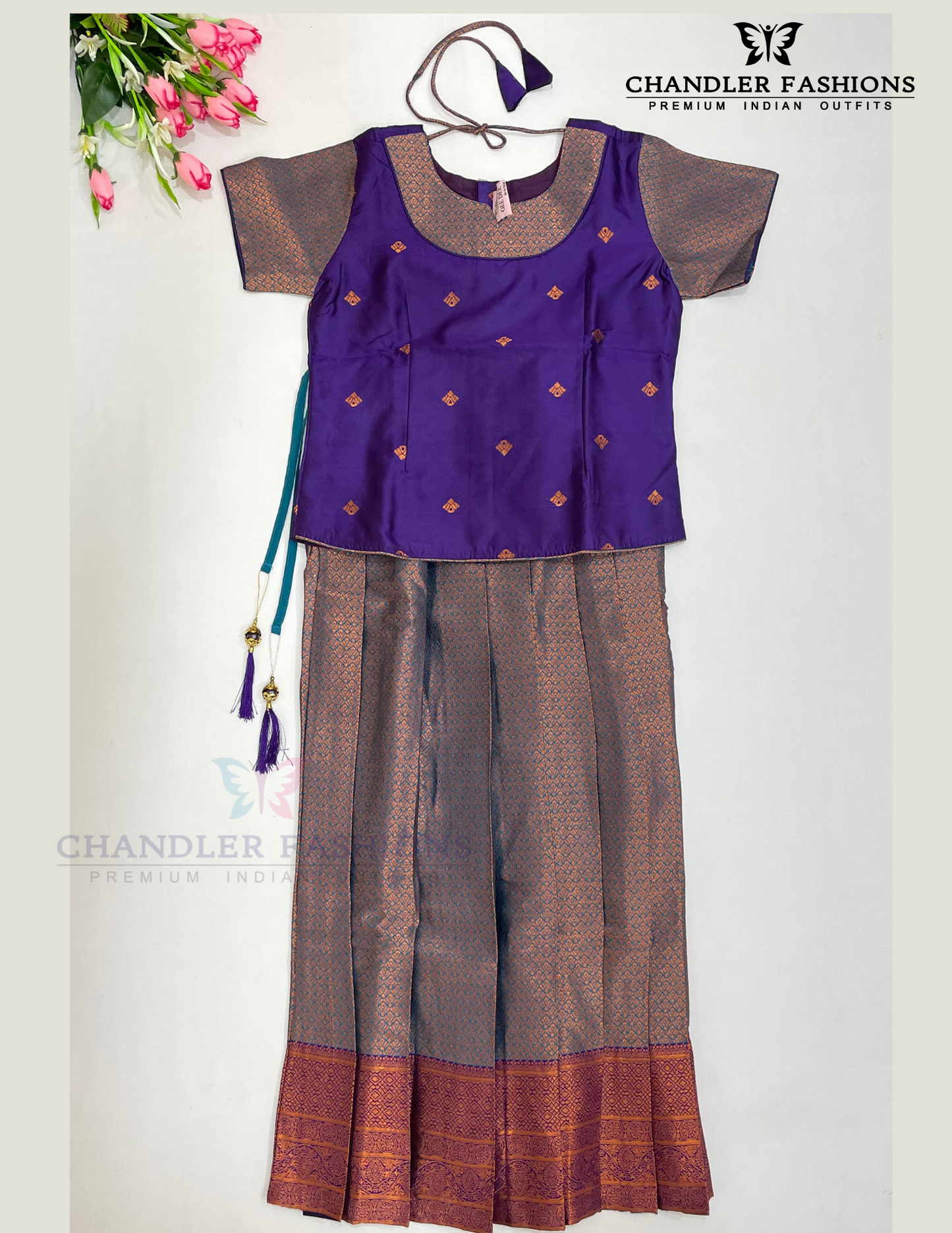 Pleasing Purple Colored Silk Langa Sets With Zari Work For Girls