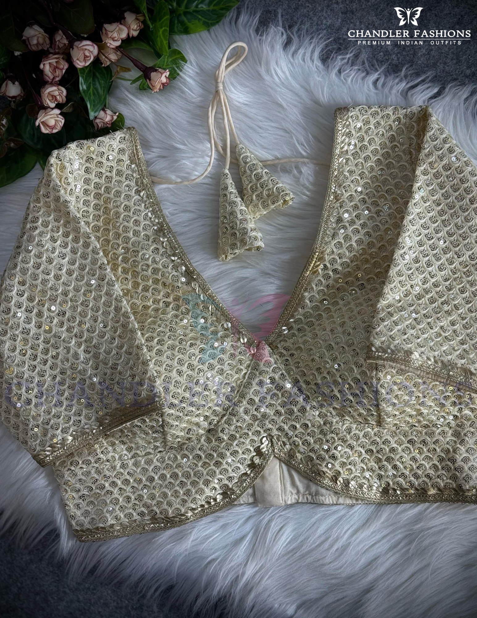 Pretty Cream Color Faux Georgette Sequins Work Blouse For Women