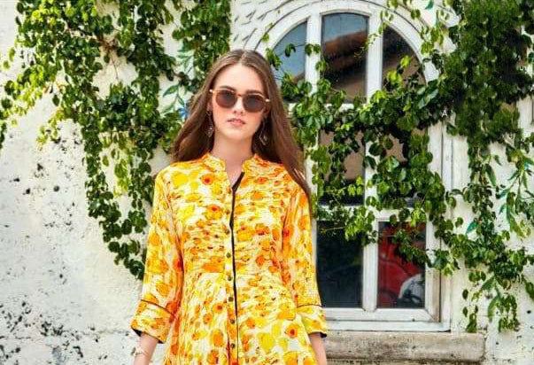 Trendy Yellow Color Mandarin Collared Printed Slub Rayon Dress Near Me