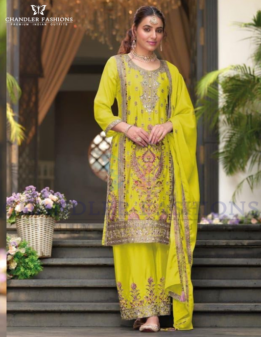 Alluring Lime Green Color Chinon With Embroidery Work With Palazzo Suits For Women