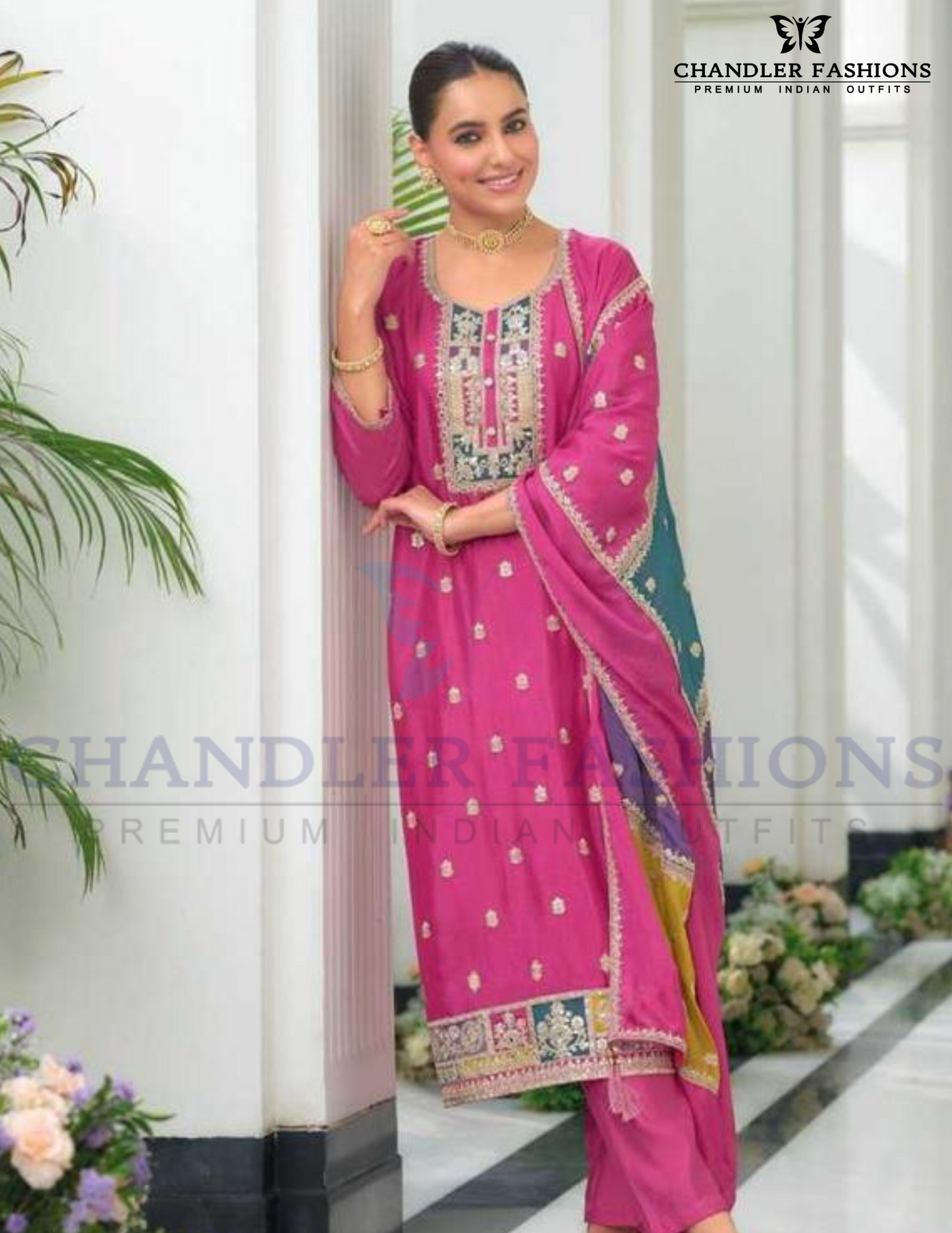 Pleasing Pink Color Chinon With Embroidery Work Salwar Suits For Women
