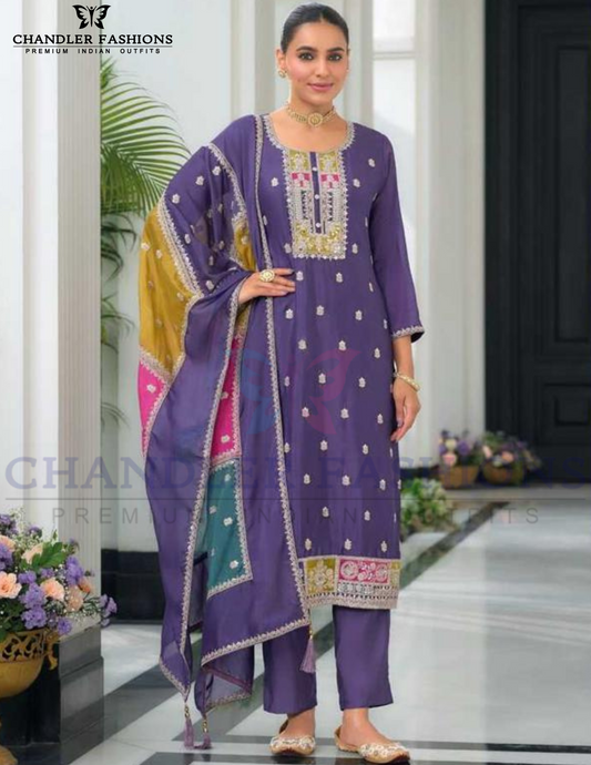 Charming Violet Color Chinon With Embroidery Work With Salwar Suits For Women