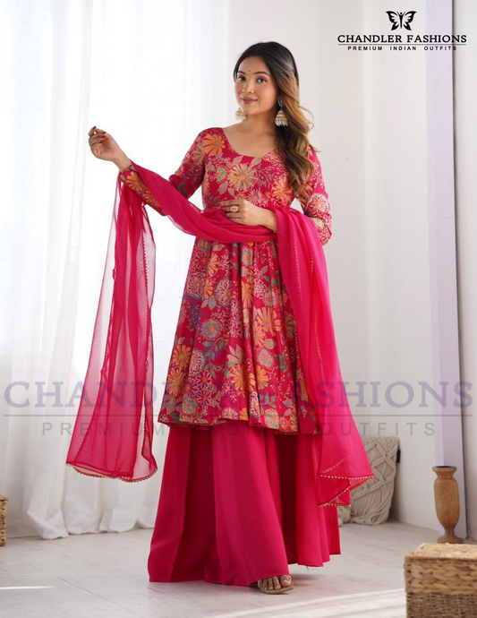 Wonderful Rani Pink Color Soft Roman Silk Kurti And Palazzo With Dupatta Set