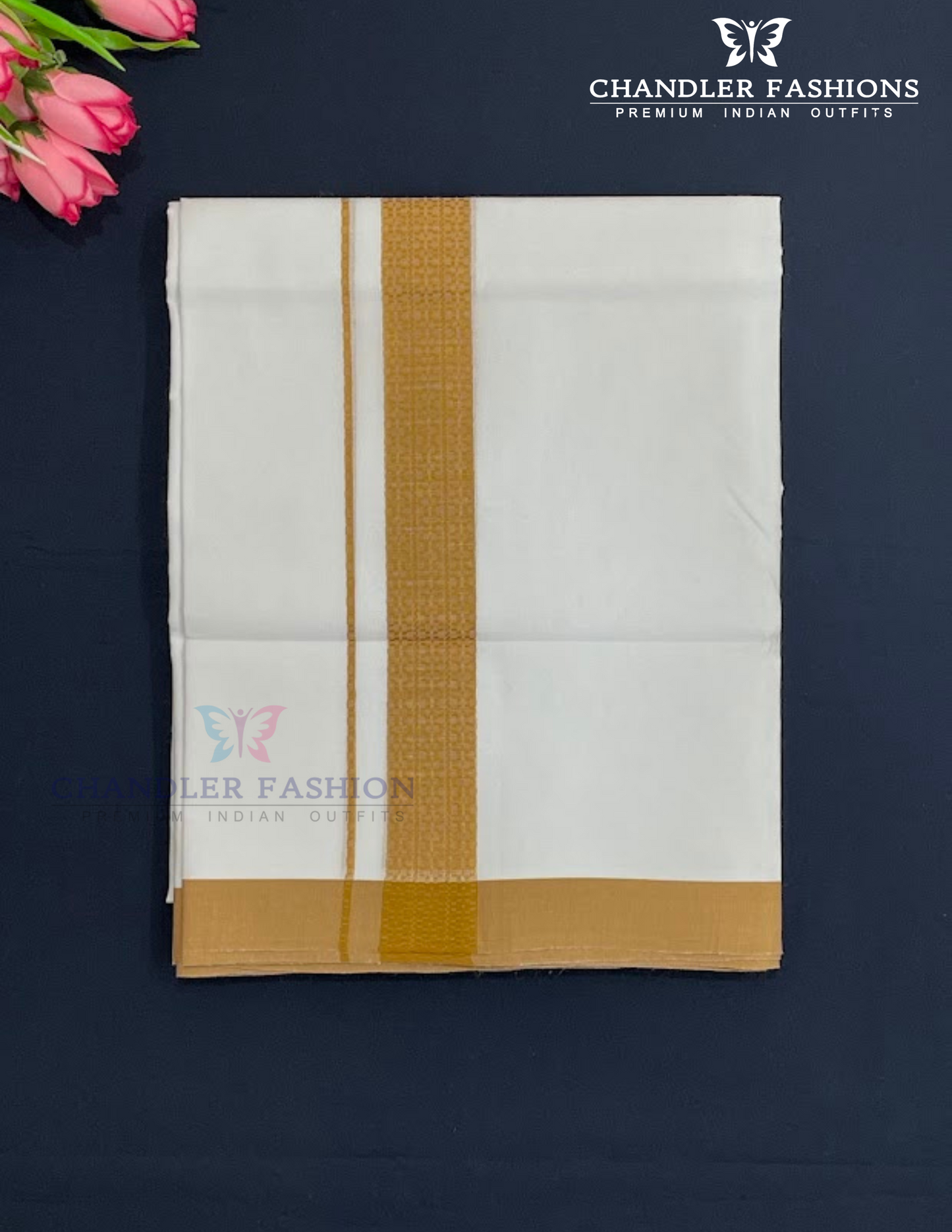 Elegant Men's White Premium Pure Cotton Gold Color Border Dhoti Near Me