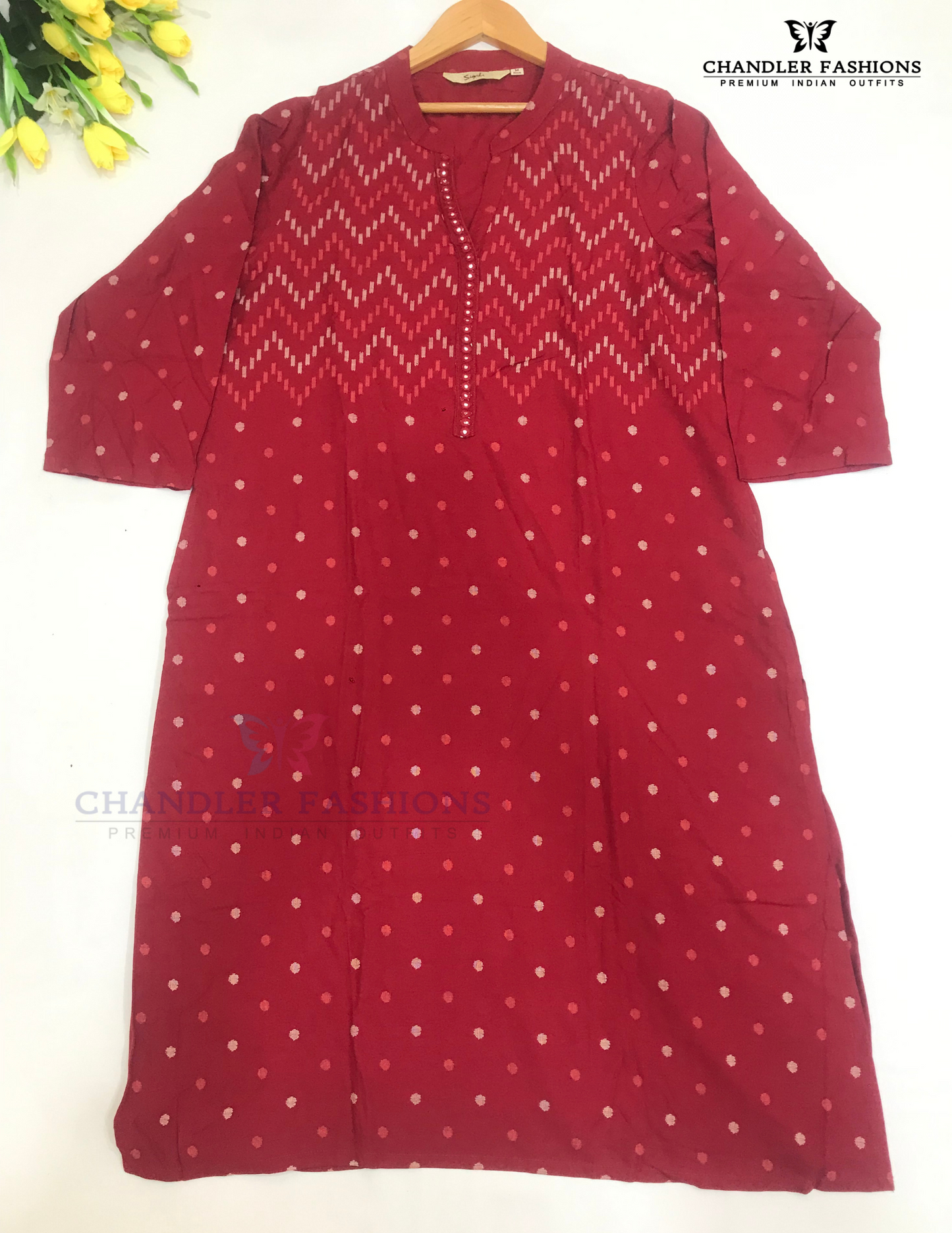 Dark Red Color Cotton With Self Design Kurti In Chandler
