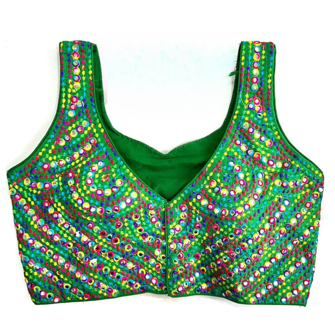 Pleasing Green Color Embroidery And Mirror Work Readymade Blouses Near Me