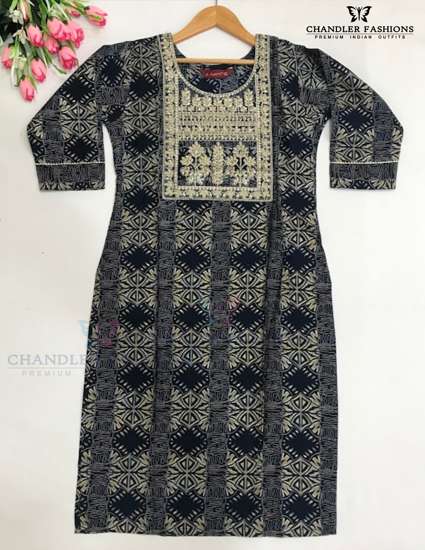 Charming Dark Blue Color Poly Cotton With Embroidery And Sequins Work Kurti For Girls