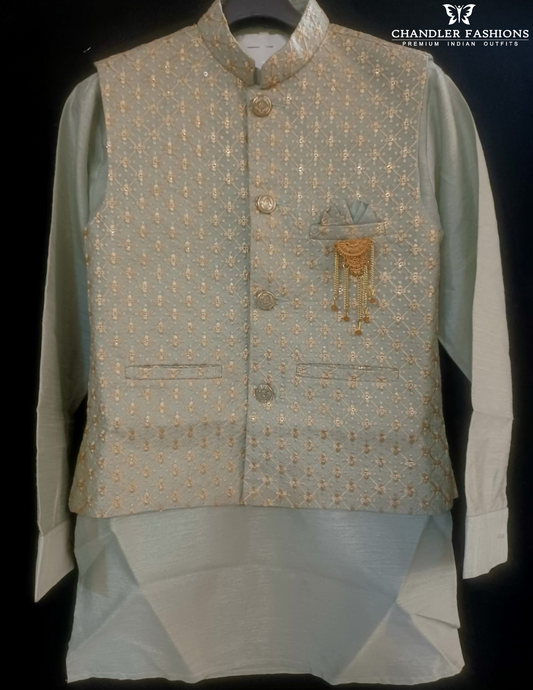 Glorious Pista Green Color Silk Cotton Sherwani Jacket With Pajama For Boys