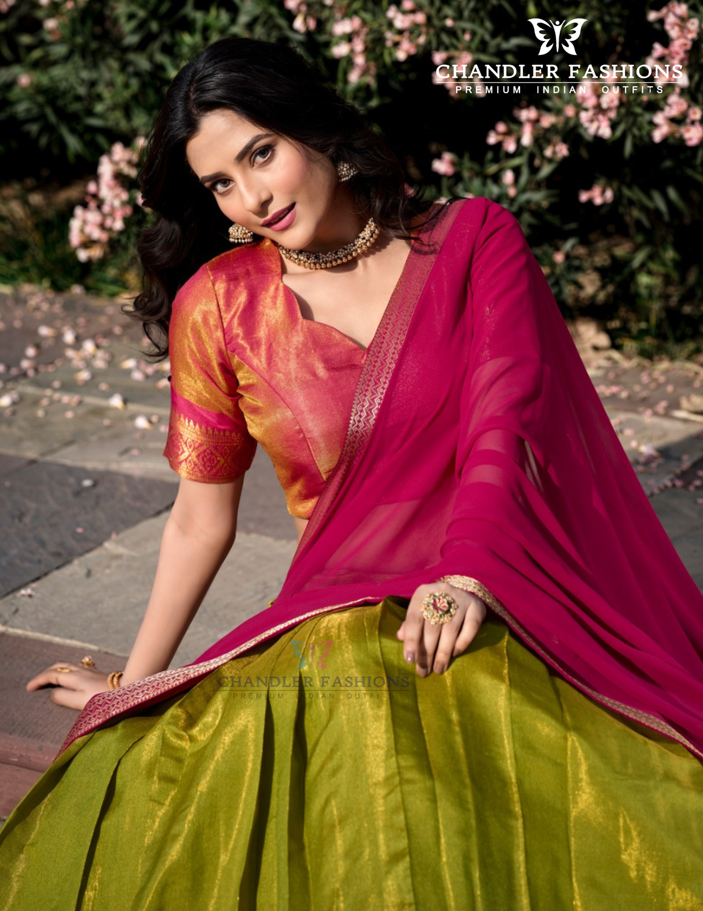 Pink And Green Color Silk With Zari Work Lehenga Near Me