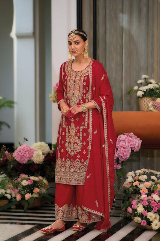 Alluring Designer Red Color Palazzo Suits With Dupatta For Women