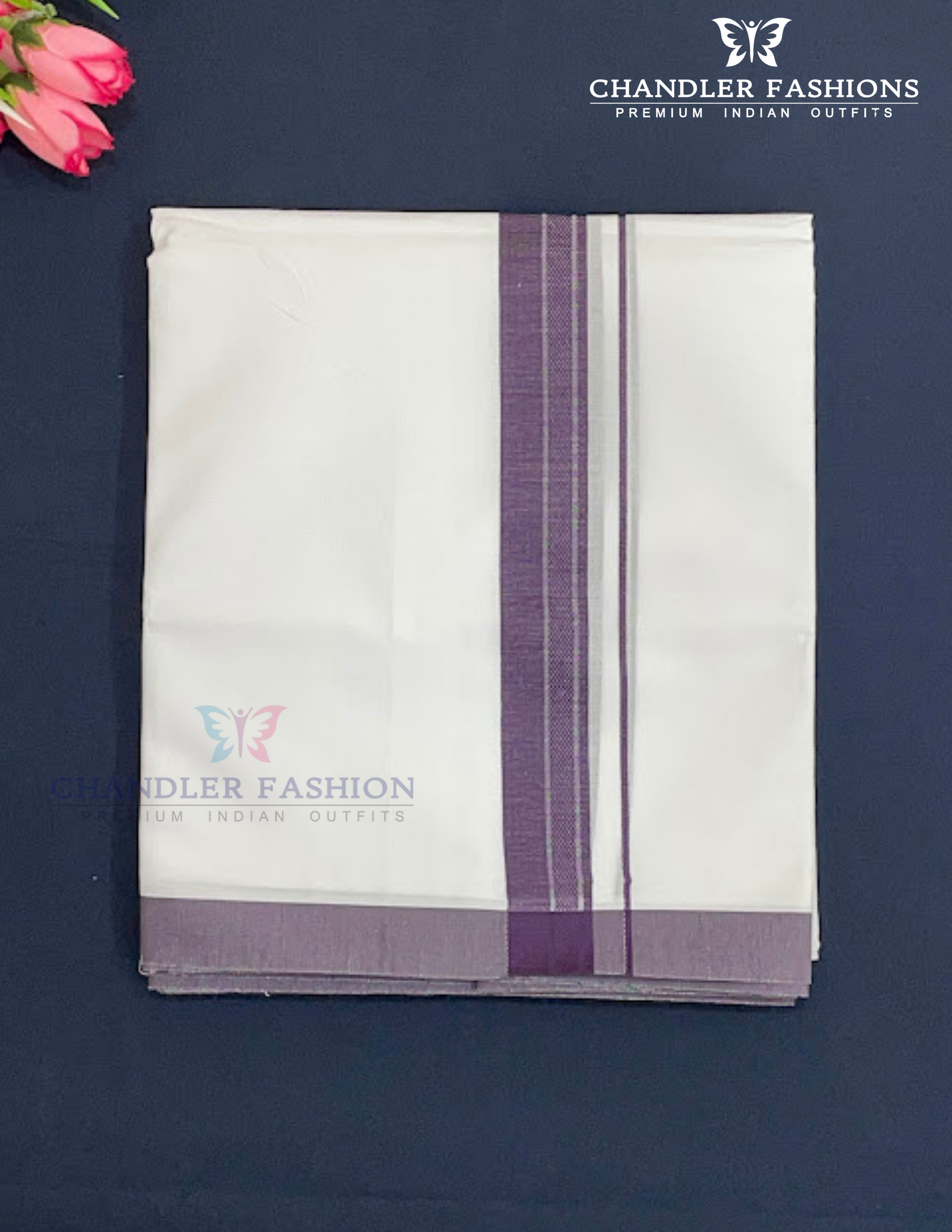 Elegant Men's White Premium Pure Cotton Purple Color Border Dhoti Near Me