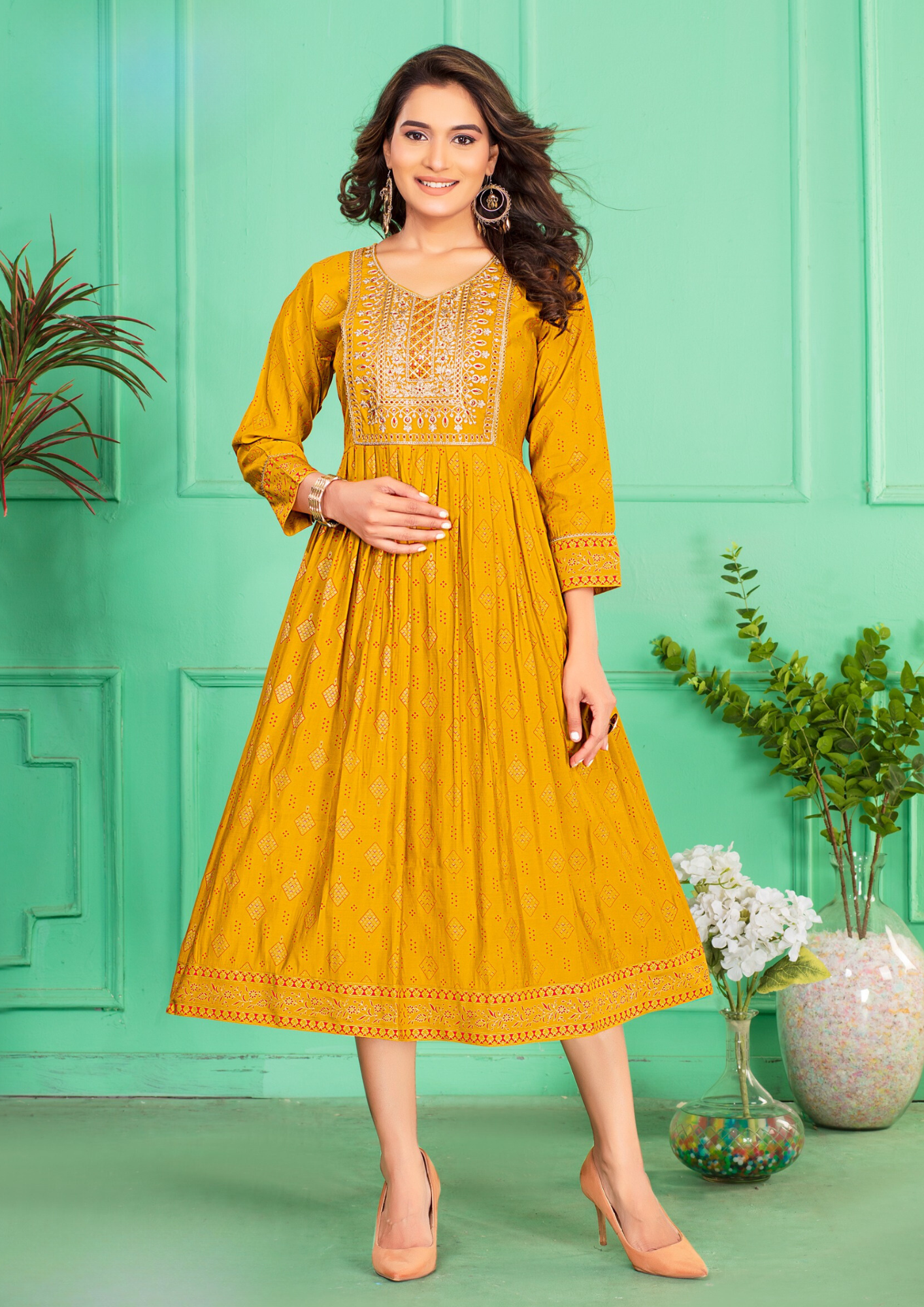 Attractive yellow Color Screen Print Flared Long Kurti With Computer Embroidery Yock With Lace Kurti For Women