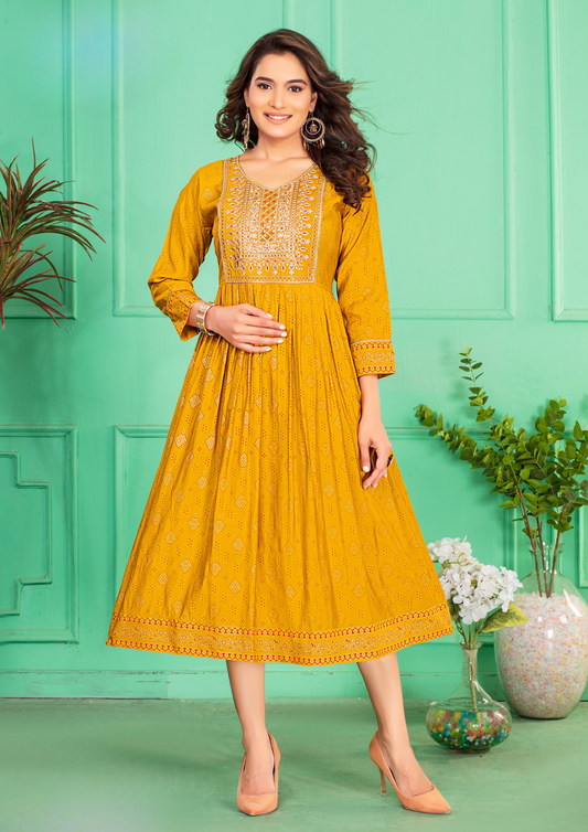 Attractive yellow Color Screen Print Flared Long Kurti With Computer Embroidery Yock With Lace Kurti For Women