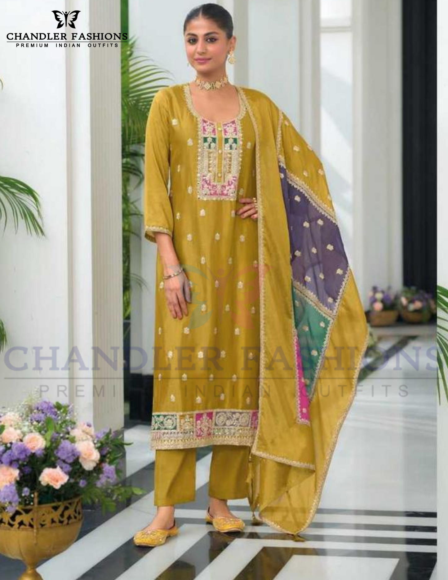 Musturd Yellow Color Chinon With Embroidery Work With Salwar Suits For Women