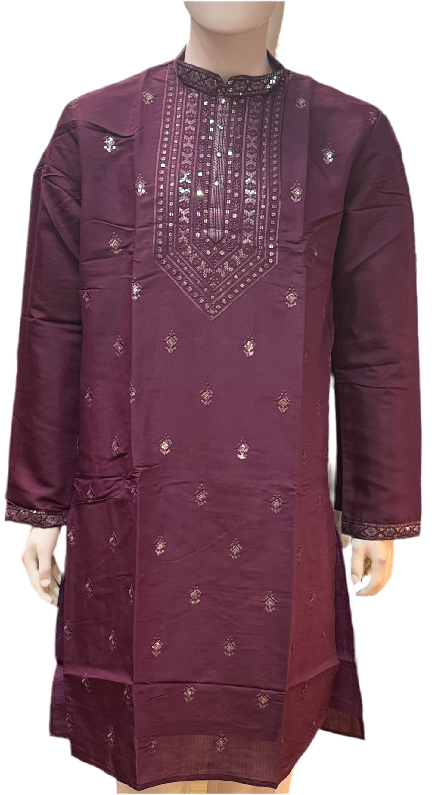 Beautiful Wine Color With Cotton Embroidery Work Kurta Suits For Men