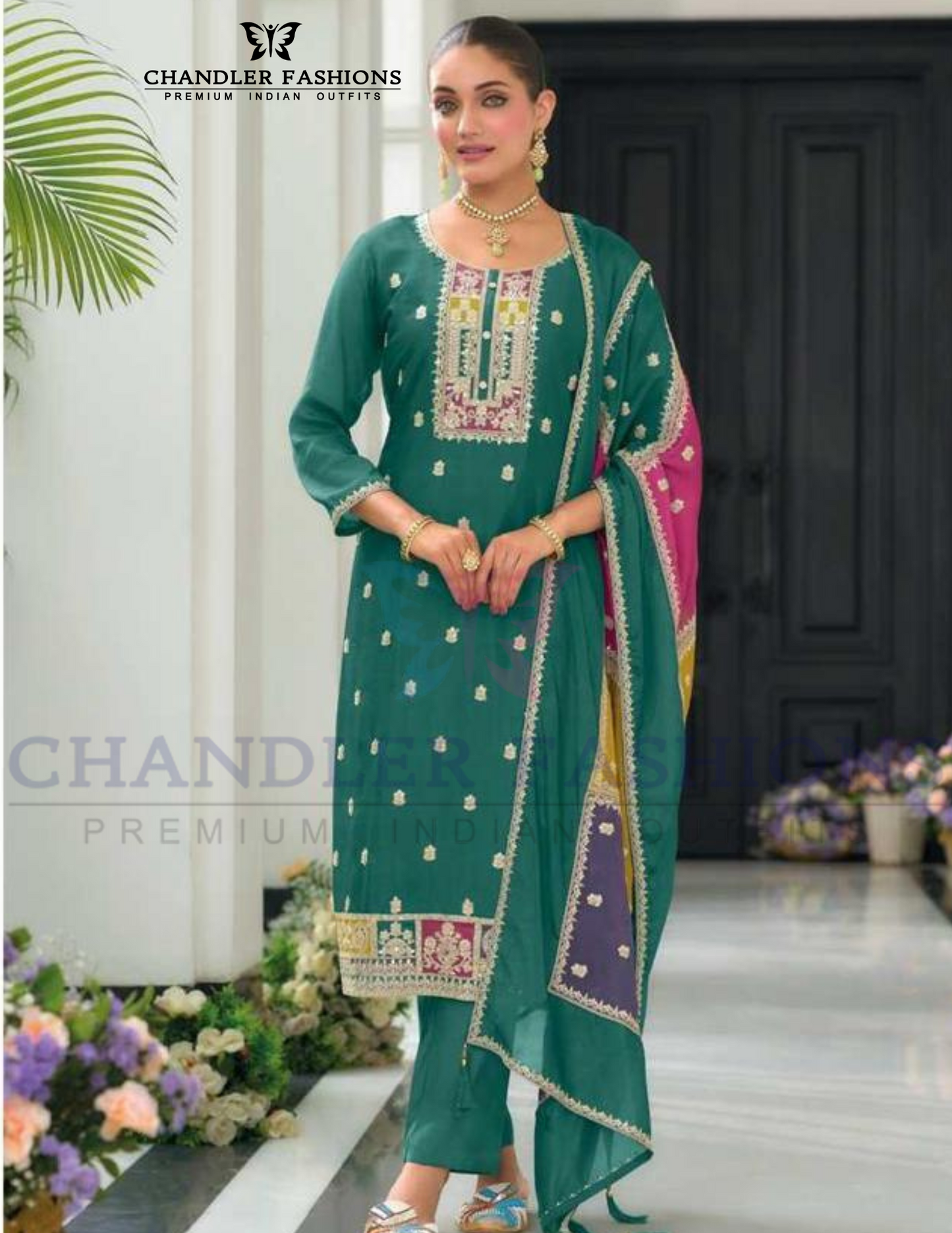 Alluring Green Color Chinon Embroidery Work Salwar Suits With Dupatta