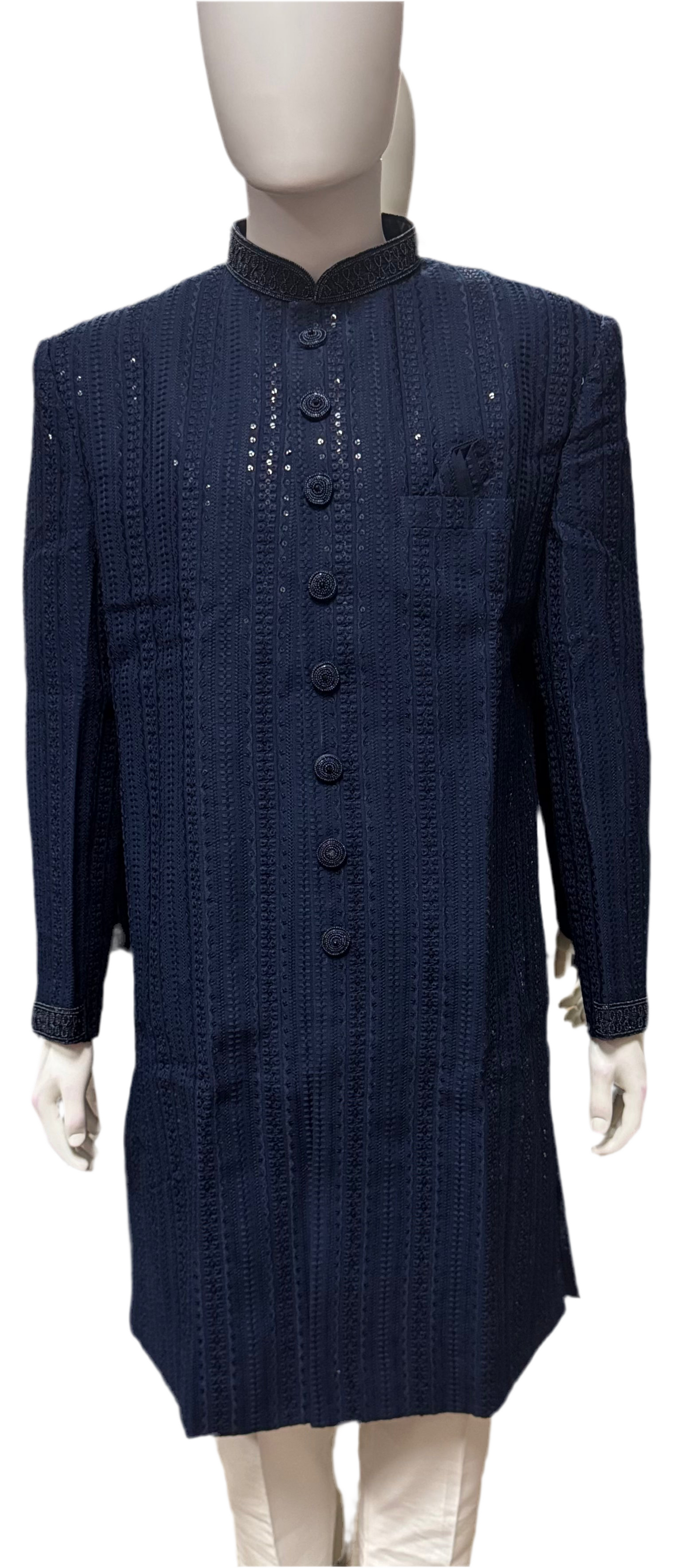 Premium Designer Vivaah Hand Embroidery Silk Sherwani Suit For Men - Navy Blue