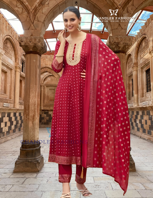 Gorgeous Red Color Rayon With Embroidery Work Salwar Suits For Women