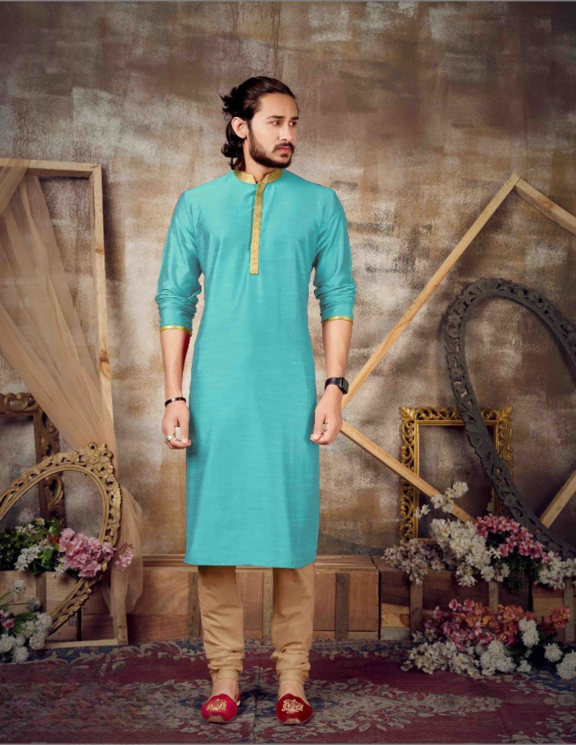 Graceful Sea Green Colored Premium Slub Silk Kurta With Pajama Set For Men's