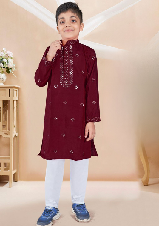 Appealing Maroon Color Sequins Work Kurta With Pajama Pant For Kids