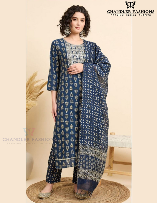 Beautiful Navy Blue Color Viscose Embroidery And Printed Work Salwar Suits With Dupatta Set For Women