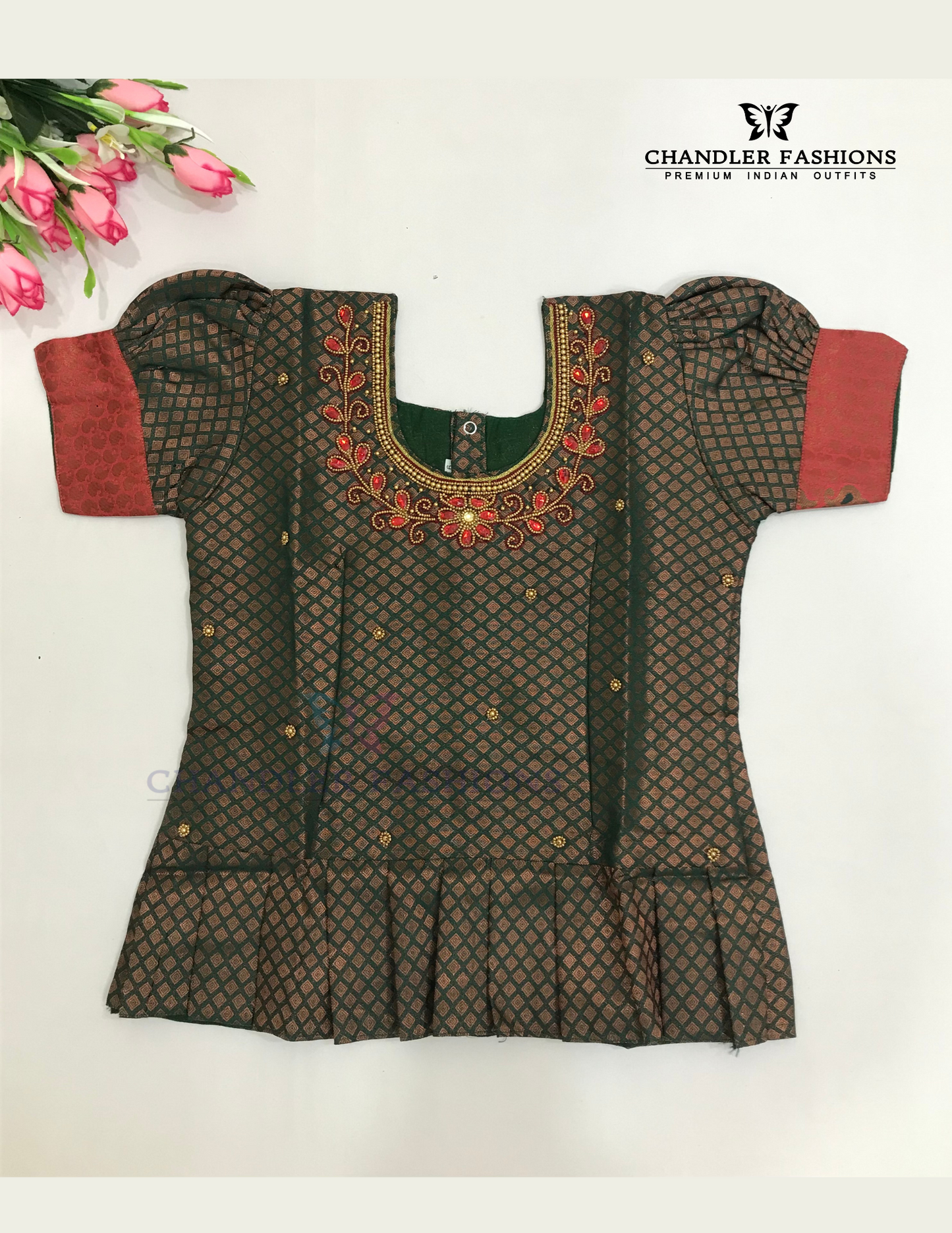 Red And Green Color Silk Langa set With Stone Work In Suncity