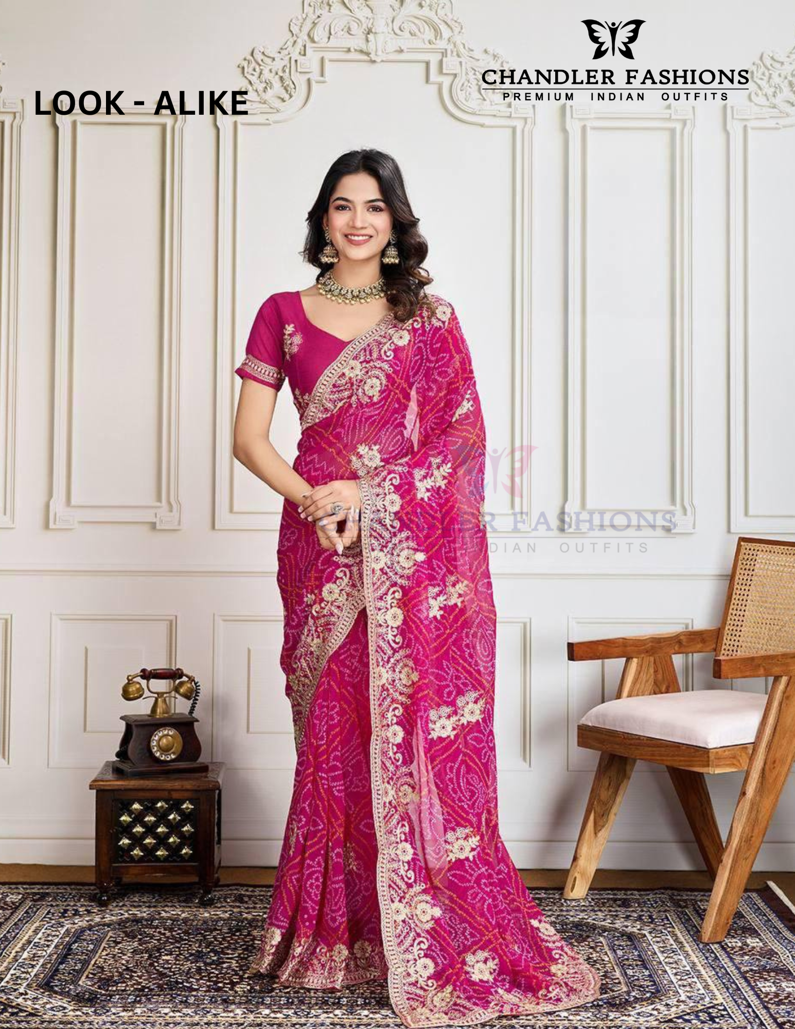 Trendy Rani Pink Embroidery And Bandhej Print Saree For Women