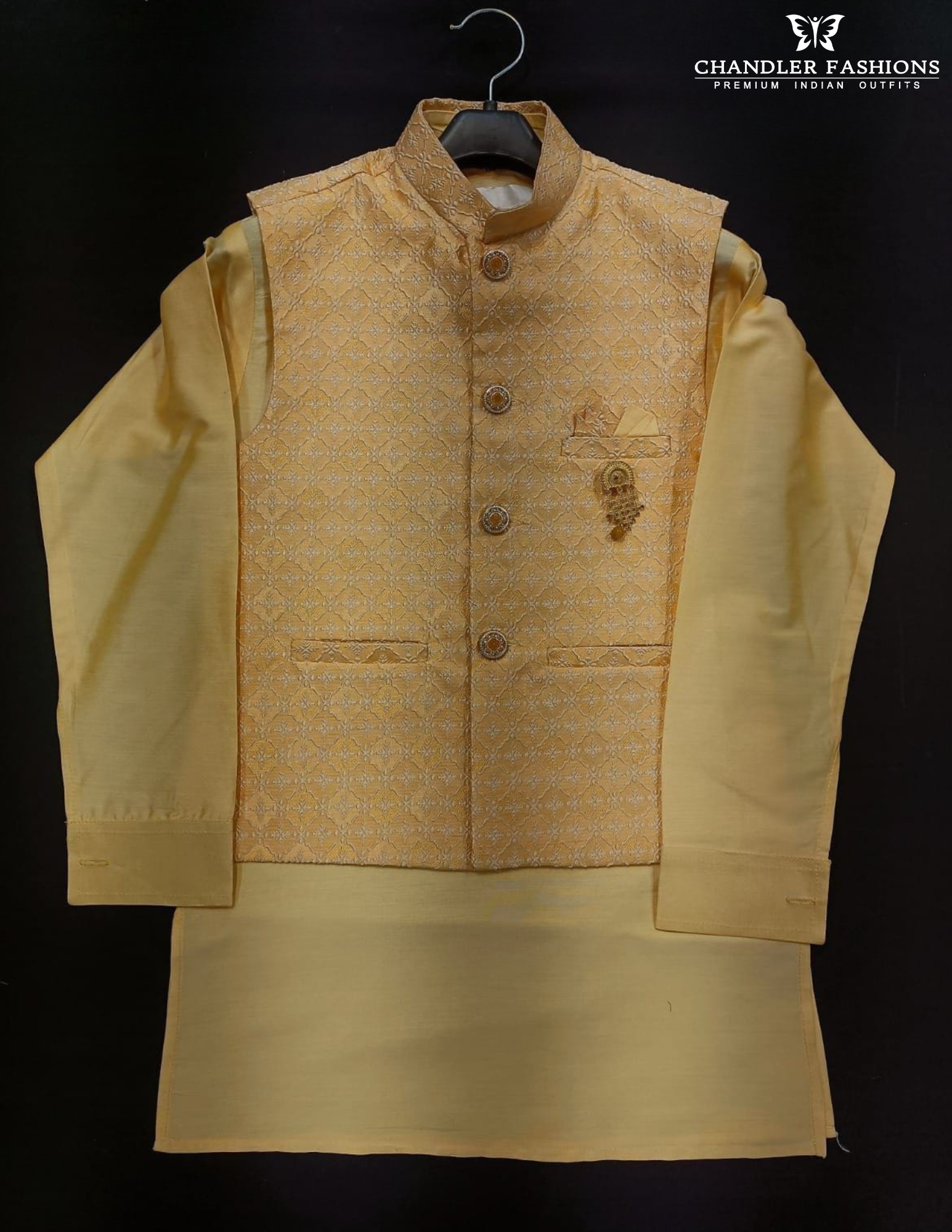 Wonderful Light Gold Color Silk Cotton Sherwani Jacket With Pajama For Boys