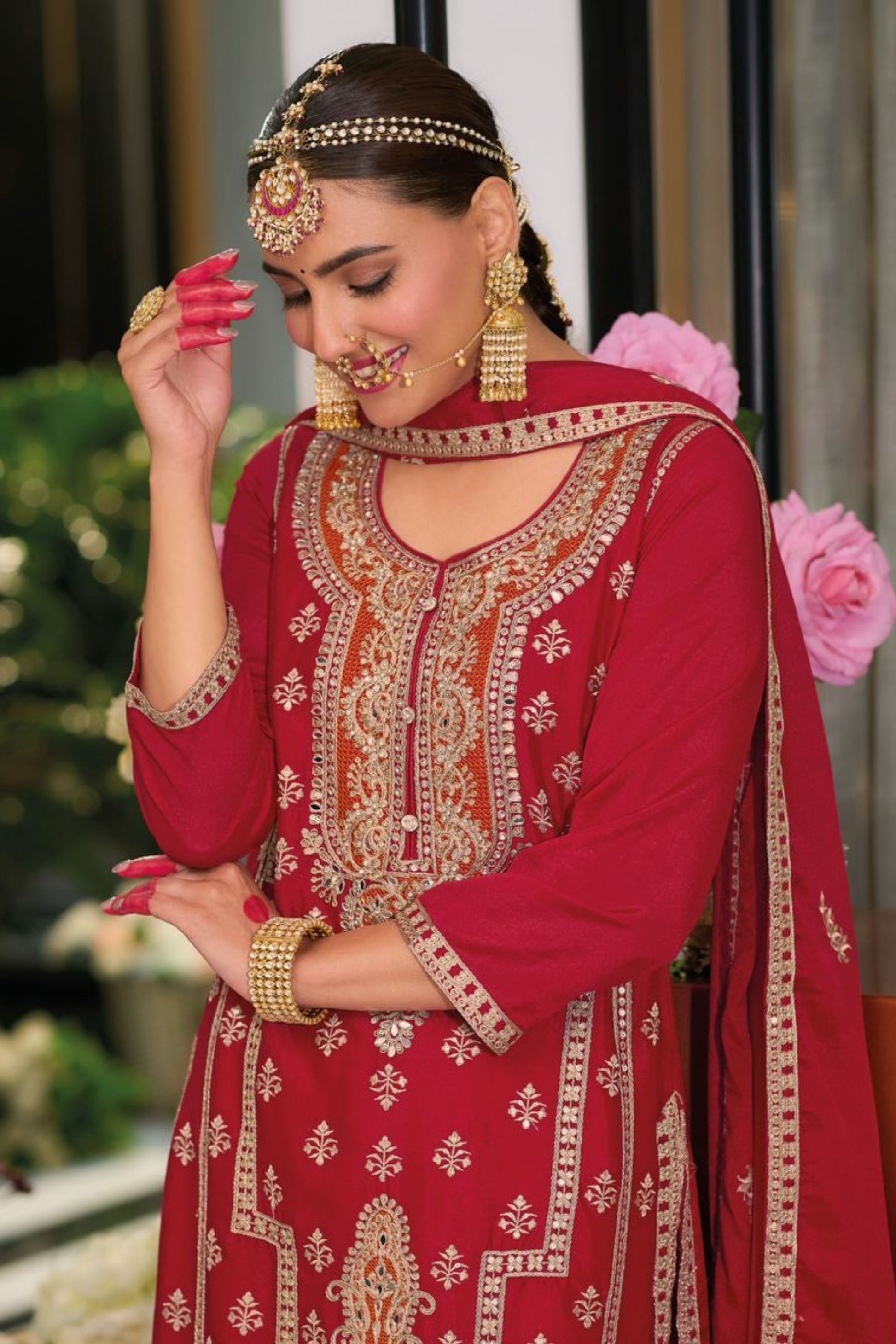 Alluring Designer Red Color Palazzo Suits With Dupatta In Near Me