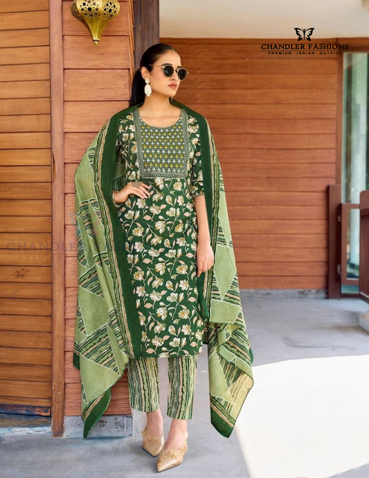 Attractive Dark Green Color Cotton Printed Embroidery Work Salwar Suits With Dupatta Set