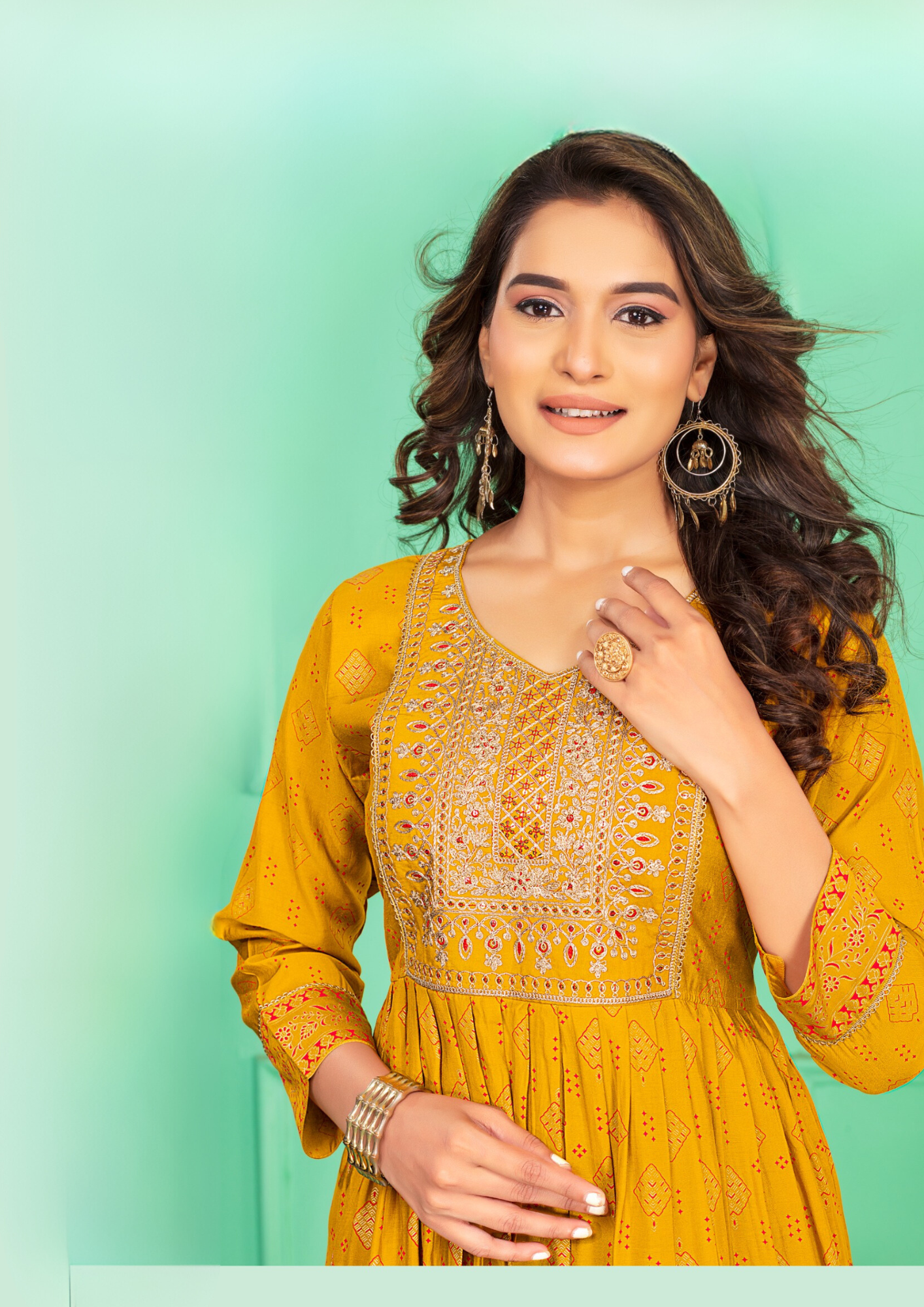 Attractive yellow Color Screen Print Flared Long Kurti With Computer Embroidery Yock With Lace Kurti For Women