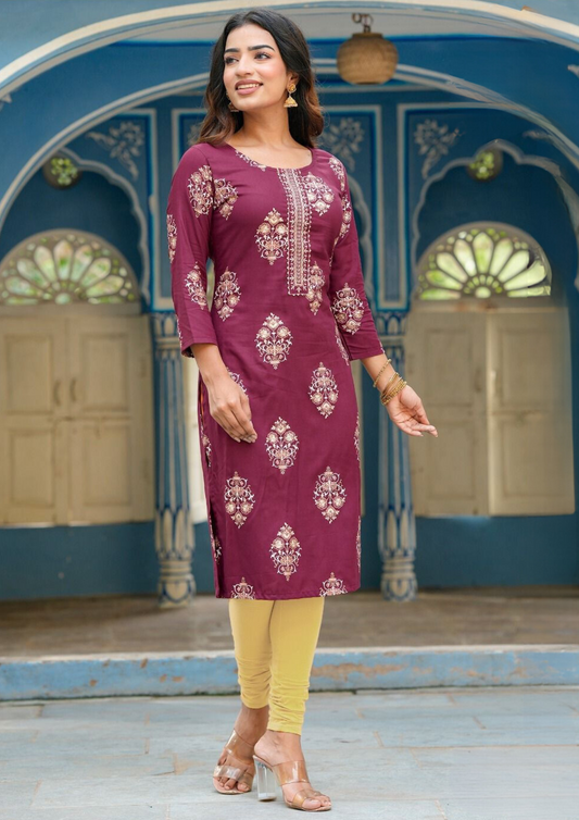 heavenly Pink Color Rayon Gold Printed Design Kurti With Fancy Embroidery Work