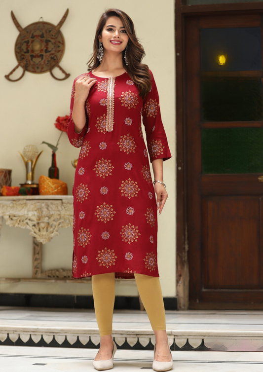 Charming Maroon Color Snow Gold print Design Kurti With Embroidery Work