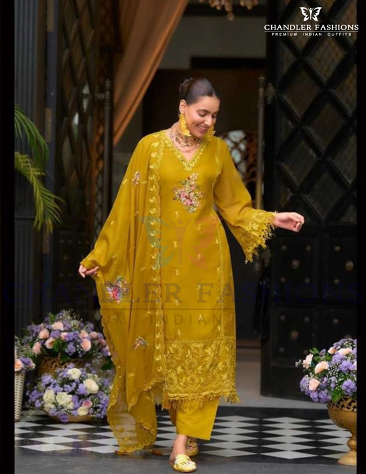 Stunning Mustard Yellow Color Soft Blooming Organza With Embroidery And Lace Work Salwar Suits With Dupatta