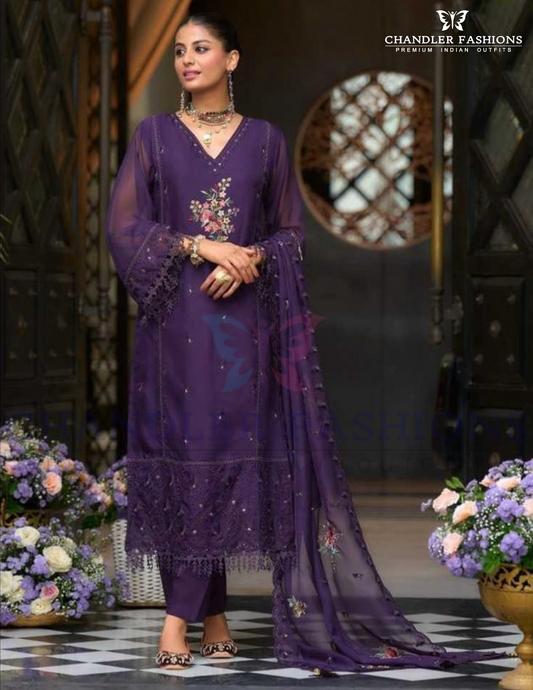Graceful Dark Purple Color Soft Blooming Organza With Embroidery And Lace Work Salwar Suits With Dupatta