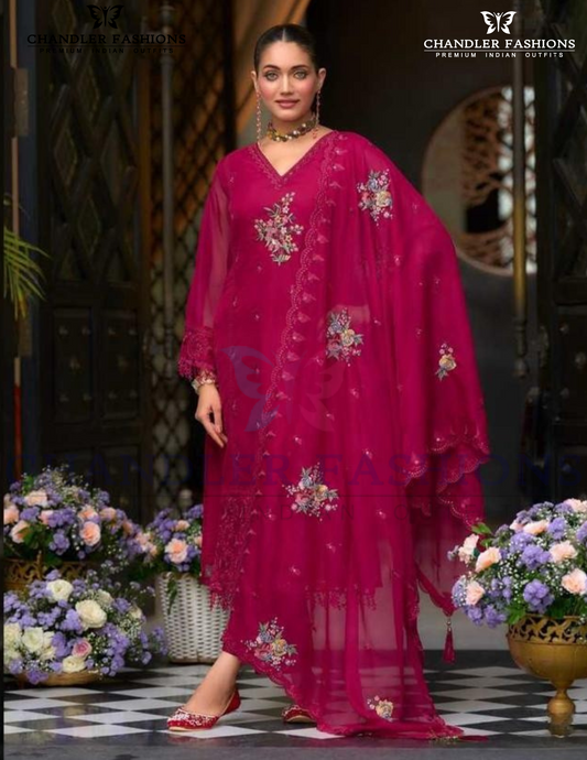 Elegant Rani Pink Color Soft Blooming Organza With Embroidery And Lace Work Salwar Suits With Dupatta
