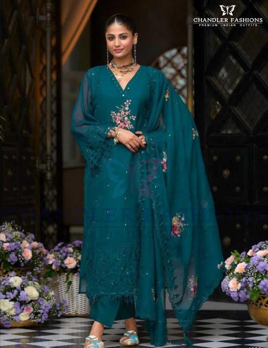 Decorative Teal Blue Color Soft Blooming Organza With Embroidery And Lace Work Salwar Suits With Dupatta
