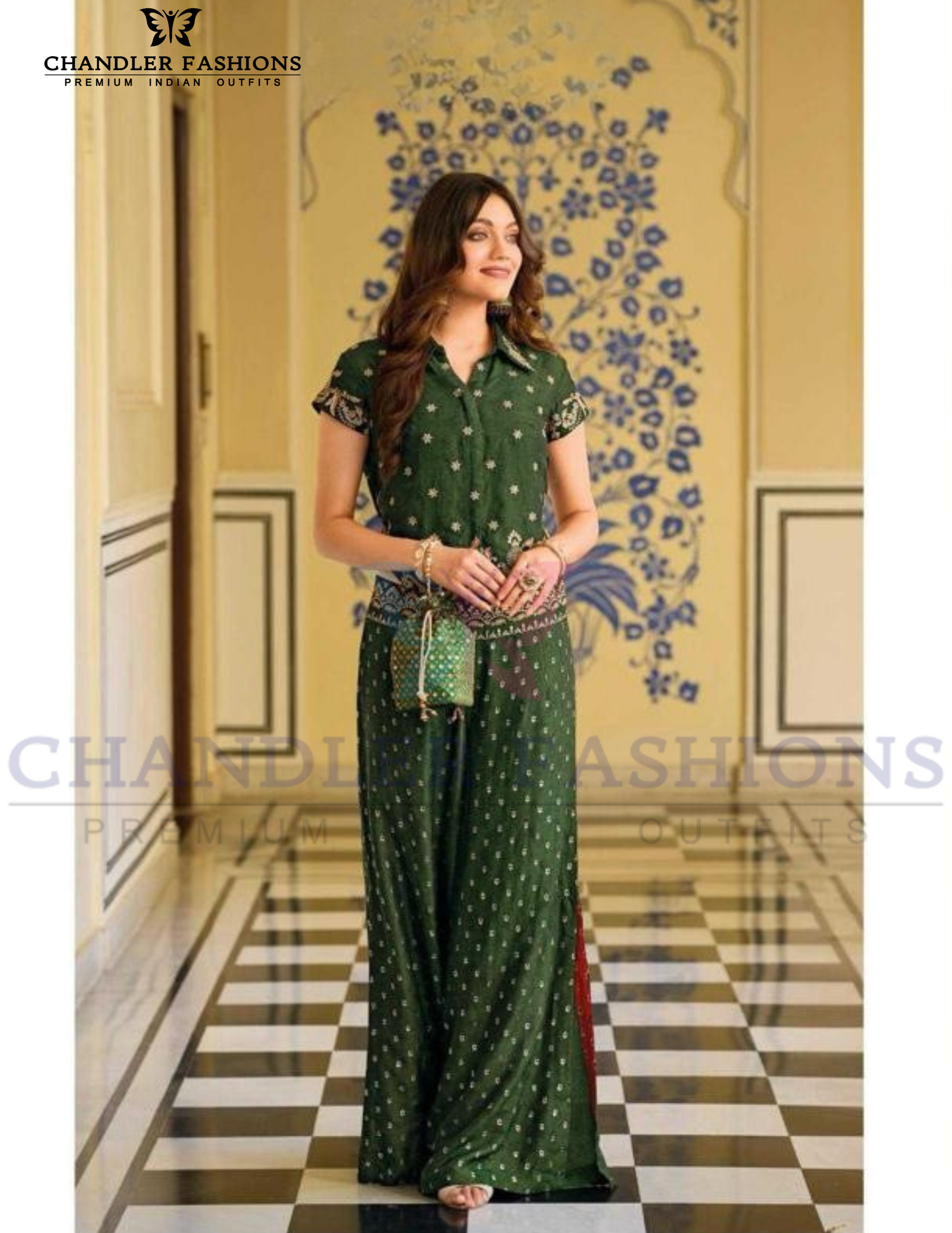 Magnificent Dark Green Color Fancy Embroidery Work With Indo Western Palazzo Suits For Women