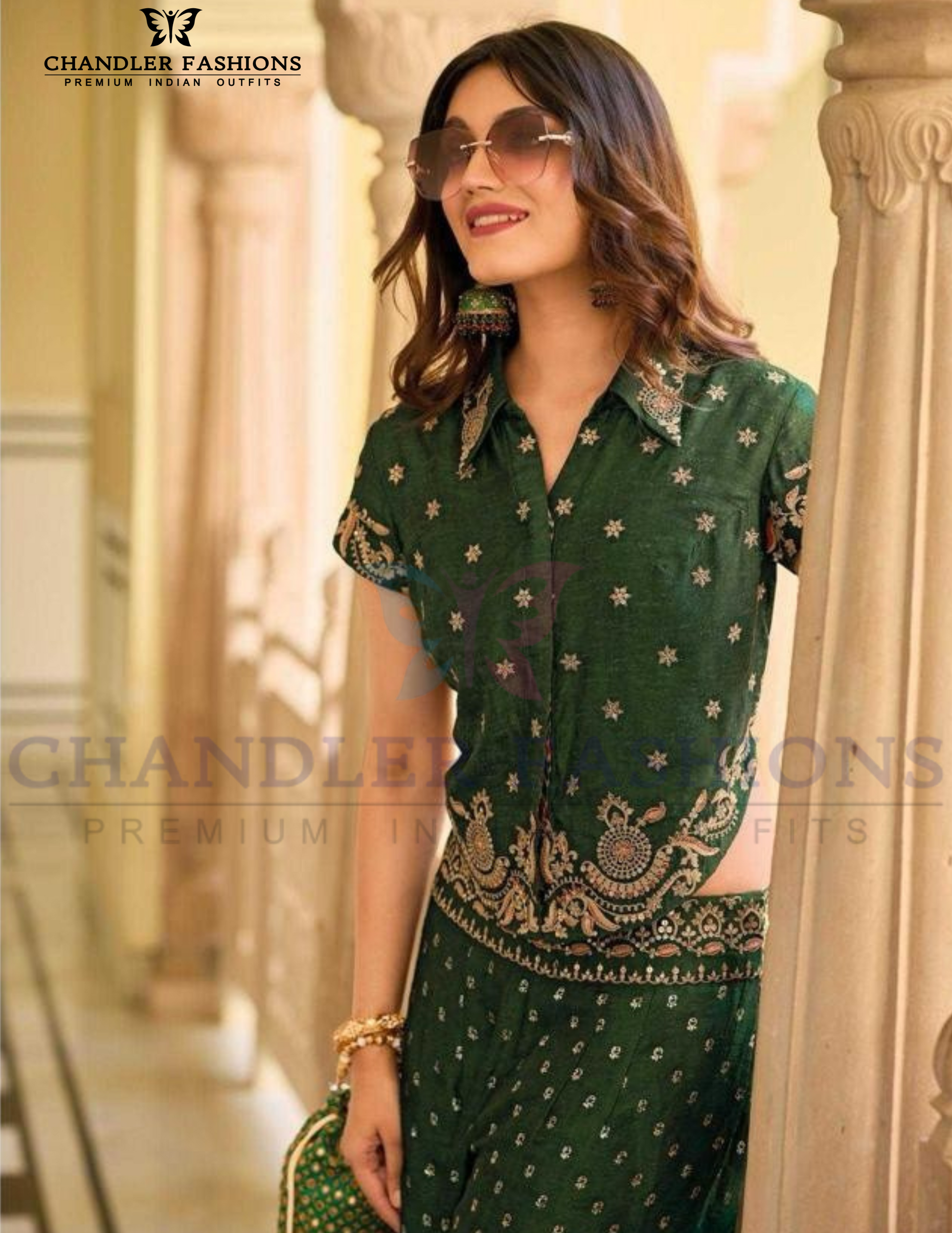 Magnificent Dark Green Color Fancy Embroidery Work With Indo Western Palazzo Suits Near Me