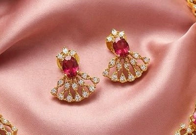 Dazzling Red Stones Gold Plated Necklace With Earrings For Women