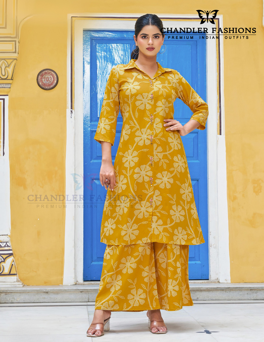 Alluring Mustard Yellow Color Rayon Printed Kurti With Palazzo Co-ord Set