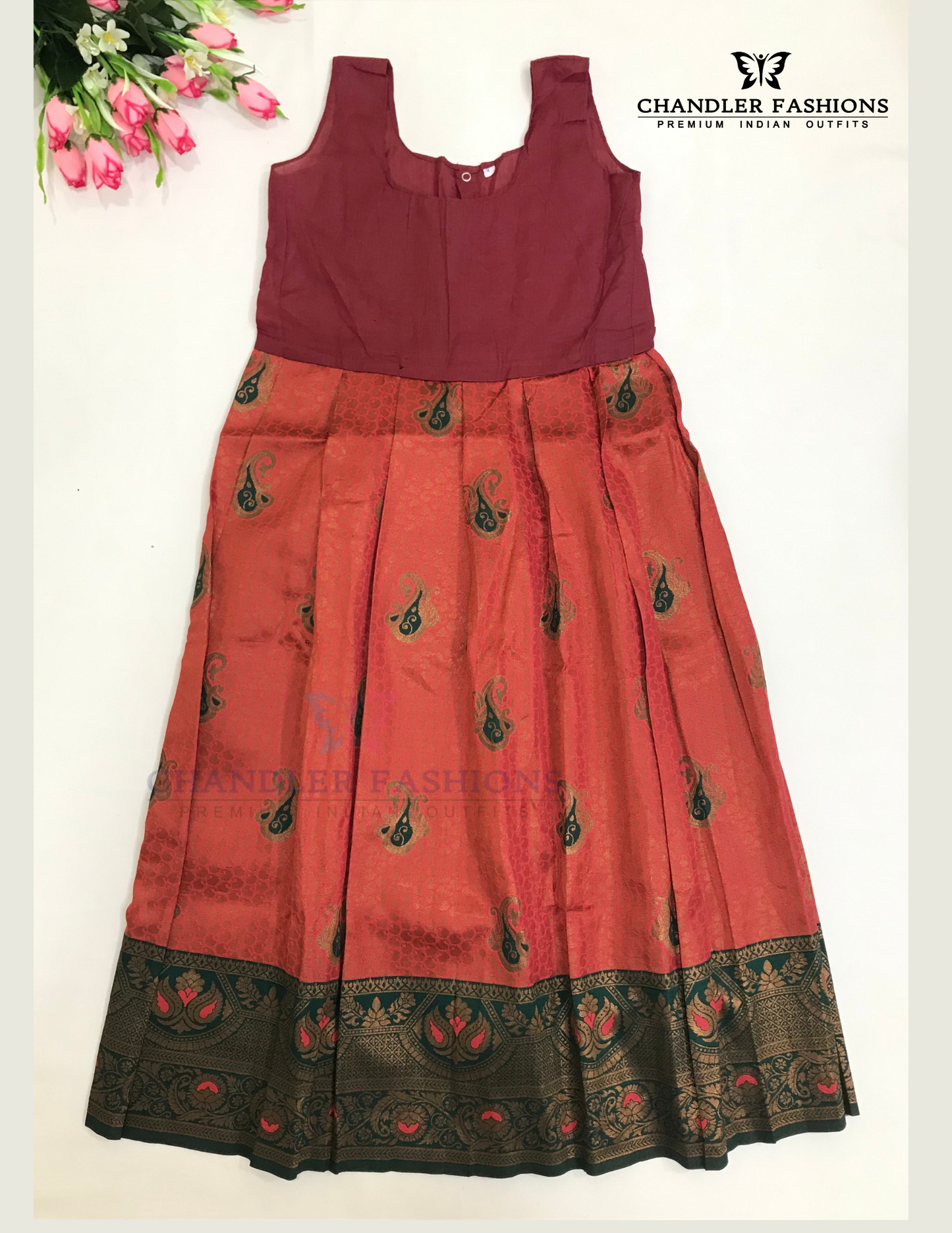 Red And Green Color Silk Langa set With Stone Work In Yuma