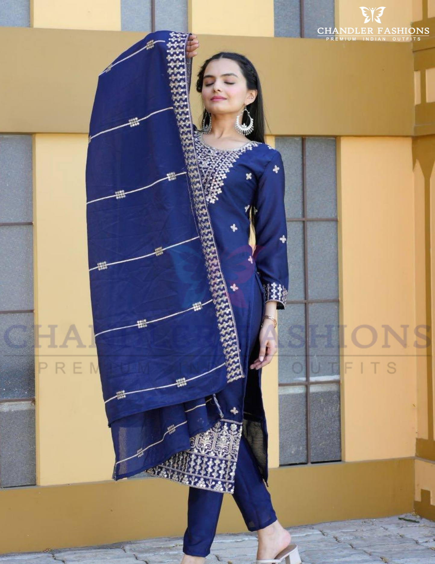 Charming Navy Blue Color Chinon Sequins and Embroidery Work Salwar Suits With Dupatta