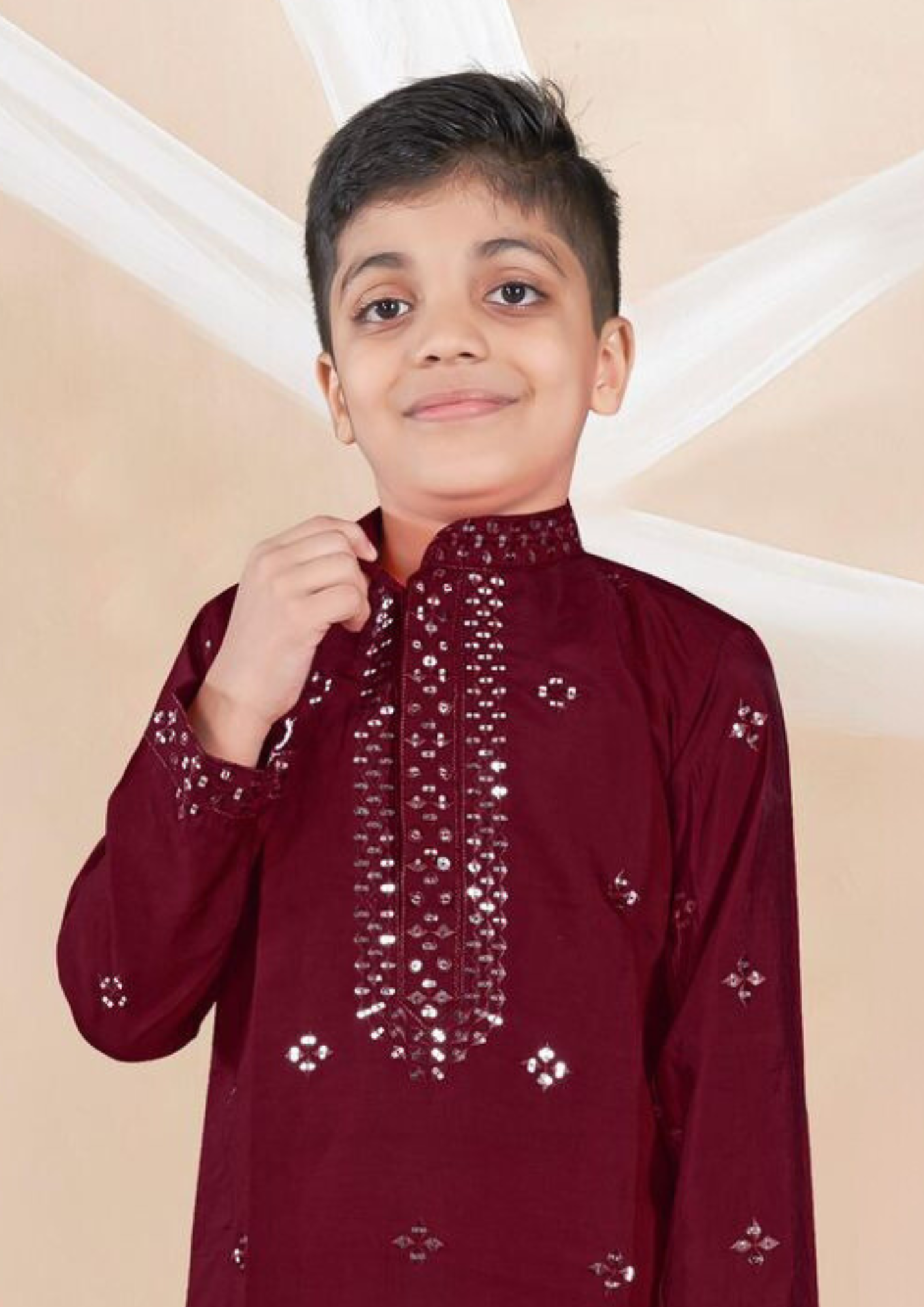Maroon Color Sequins Work Kurta With Pajama Pant For Kids